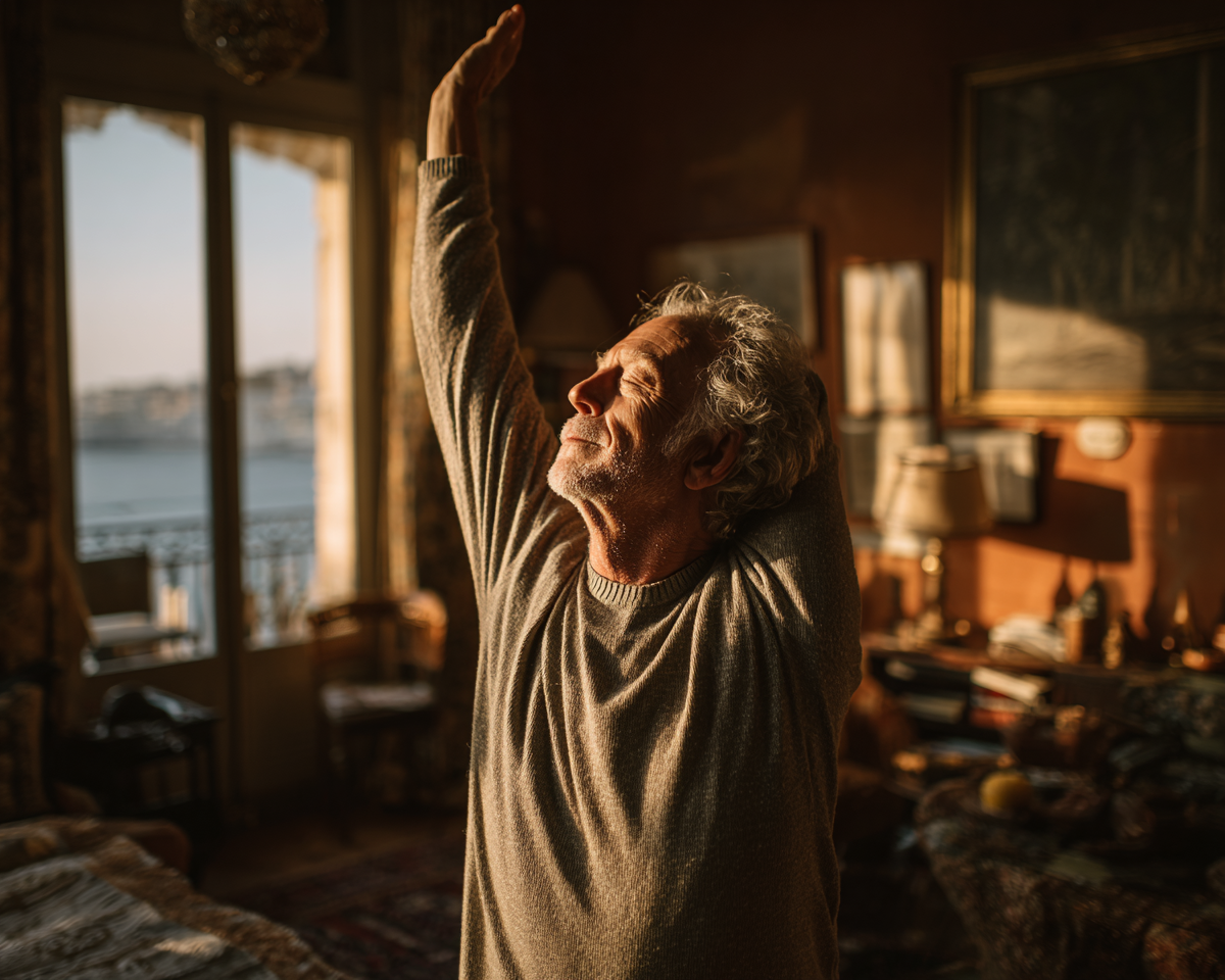 Grup de seniori practicând yoga într-un studio luminous