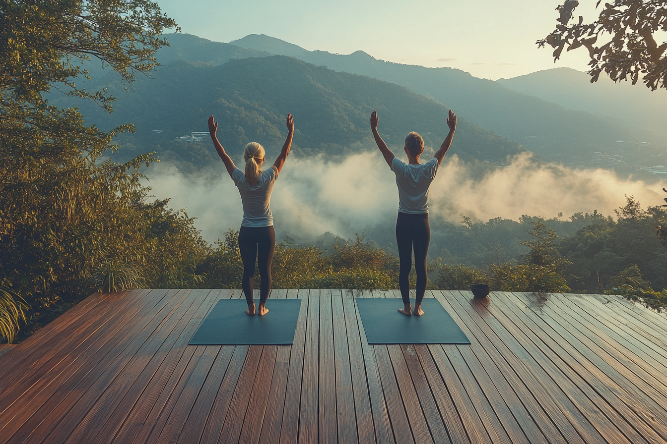 Senior practicând yoga în natură cu vedere la munte